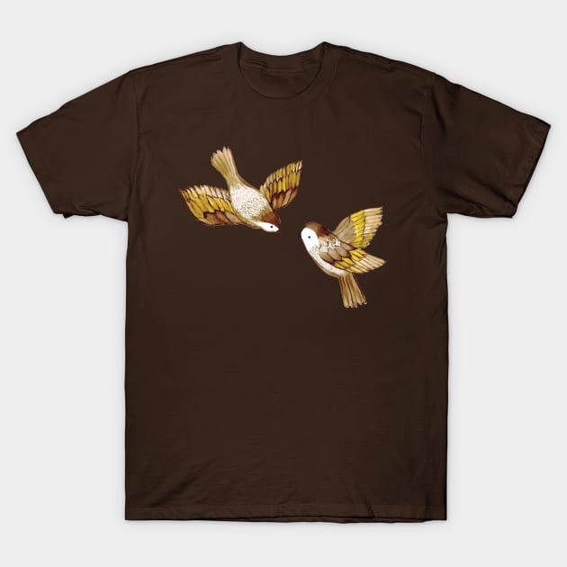 Two Birds Flying Sparrows T-Shirt by Cecilia Mok